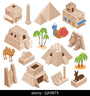 Egypt tourists attractions ancient culture monuments isometric set with pyramids camels sphinx gods statures palms vector illustration Stock Vector
