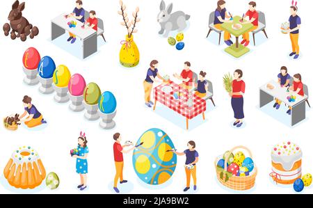 Set of isolated easter icons with isometric images of painted eggs cakes sweet bunnies and people vector illustration Stock Vector