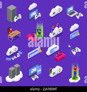 Cloud gaming isometric icons set with cyberspace symbols isolated vector illustration Stock Vector