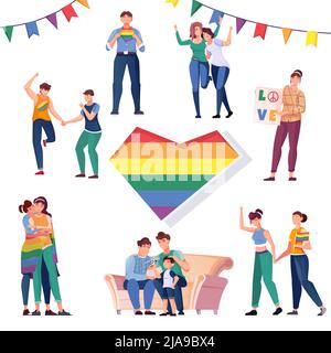 Lgbt flat icons set of people characters and rainbow heart image in center vector illustration isolated Stock Vector