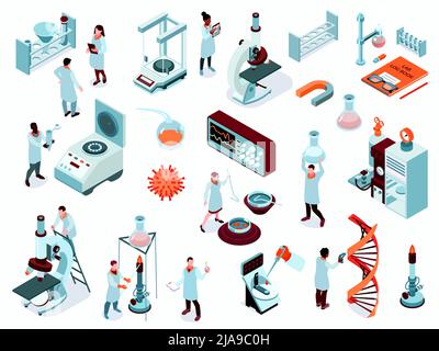 Isometric science laboratory icon set with isolated tools equipments scientists and flacks vector illustration Stock Vector