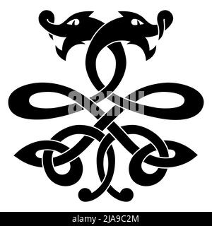 Celtic national dragon tattoo ornament and interweaving ribbon Isolated on white background. Stock Vector