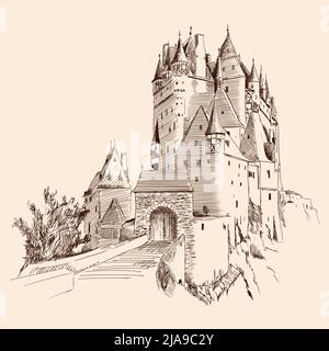 Medieval stone castle with towers on the rocks. Stock Vector