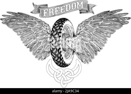 A motorcycle wheel, two open feather wings of birds and a ribbon with the inscription freedom. Vector illustration isolated on white background. Stock Vector