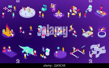 Set of isolated modern futuristic playground icons with isometric images of play equipment and virtual amusement vector illustration Stock Vector
