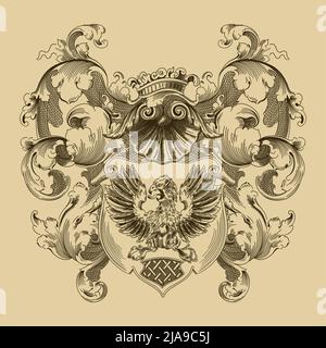 Medieval family emblem with an eagle on a shield, a crown and floral ornaments. Stock Vector