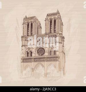 Notre Dame de Paris Gothic Catholic Cathedral in Paris France. Pencil sketch on a beige background. Stock Vector