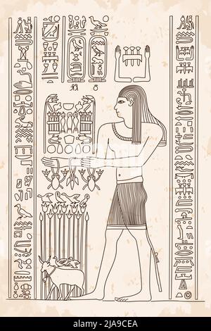 Ancient Egyptian drawing with hieroglyphs on papyrus. A man performs a rite. Stock Vector
