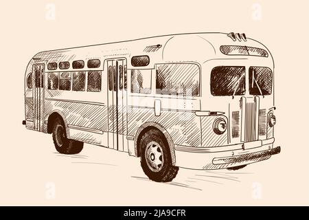 Vintage vintage bus. Pencil sketch on beige background. Stock Vector