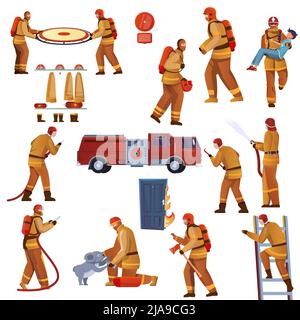 Firefighters set with flat isolated icons of fire fighting equipment with truck image and human characters vector illustration Stock Vector