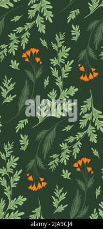 Vector seamless pattern with sagebrush and calendula flowers on stems with foliage on a green background. Botanical floral texture. Fabric swatch Stock Vector
