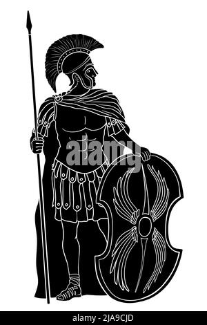 Ancient Roman warrior with a spear and shield in his hands is standing and looking away. Vector illustration isolated on white background. Stock Vector