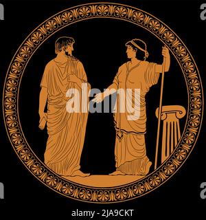 An ancient Greek man with a scroll in his hand is talking to a woman with a staff. Two figures isolated on a black background. Antique painting on the Stock Vector