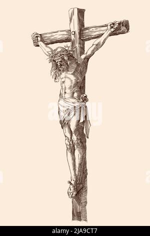 Jesus Christ crucified on a wooden cross. Vector illustration of a figure isolated on a beige background. Detail of an engraving by Albrecht Durer, Nu Stock Vector