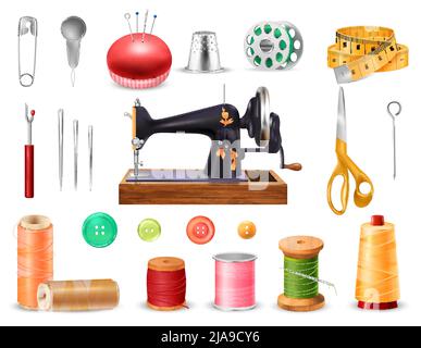 Sewing machine set with needles and scissors realistic isolated vector illustration Stock Vector