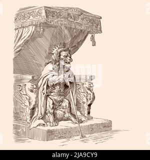 The lion king in the crown with a staff in his paws and with a cloak on his shoulders sits on a throne. Stock Vector