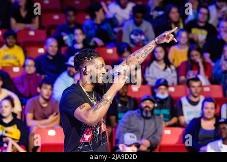 Edmonton, Canada. 27th May, 2022. Edmonton Rapper OG Jonah performs during the Half-Time at the Edmonton Stingers home opener at Edmonton Expo Centre. Credit: SOPA Images Limited/Alamy Live News Stock Photo