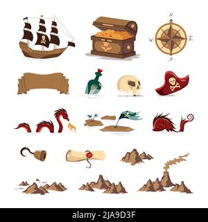 Pirate treasure set of compass hand hook wooden chest floating bottle skull sailboat with black sail isolated vector illustration Stock Vector