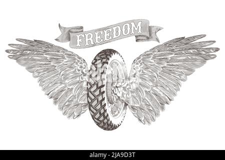 A motorcycle wheel, two open feather wings of birds and a ribbon with the inscription freedom. Vector illustration isolated on white background. Stock Vector