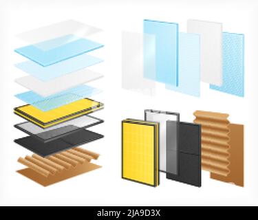 Layered materials realistic set with isolated images of material rows with views of single layers stacks vector illustration Stock Vector