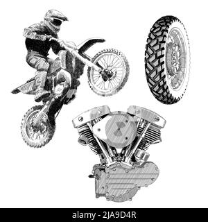 A set of drawings on the theme of a motorcycle. Motorcyclist on a sports bike in a jump, wheel with spokes, engine. Stock Vector