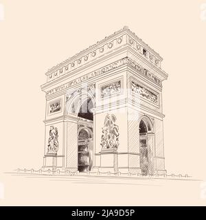 Triumphal Arch in Paris France. Pencil sketch on a beige background. Stock Vector