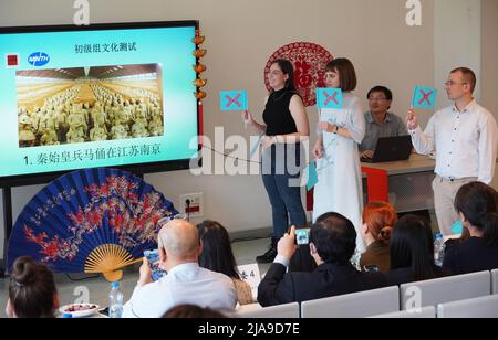 Belgrade, Serbia. 28th May, 2022. Contestants participate in a Chinese language competition in Belgrade, Serbia, May 28, 2022. Serbian university students on Saturday competed in Chinese language proficiency at a preliminary contest in Belgrade. Credit: Nemania Cabric/Xinhua/Alamy Live News Stock Photo