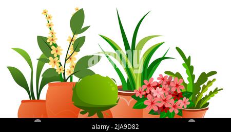 Indoor plants and flowers. In ceramic pots. Still life on line. Homemade beautiful herbs. Isolated on white background. Cartoon fun style. Vector. Stock Vector