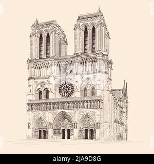 Notre Dame de Paris Gothic Catholic Cathedral in Paris France. Pencil sketch on a beige background. Stock Vector