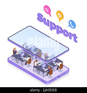 Call center concept with technical support and hotline symbols isometric vector illustration Stock Vector