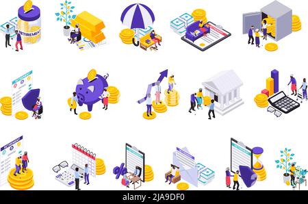 Set of isolated retirement preparation plan icons with isometric human characters images of coins and agreements vector illustration Stock Vector