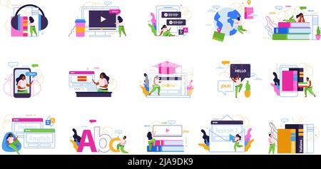 Language school flat recolor set of people with dialogue speech bubbles communicating by net isolated vector illustration Stock Vector
