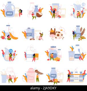 Milk usage 4x4 flat icons set of dairy production in eco package including almond and soy milk isolated vector illustration Stock Vector