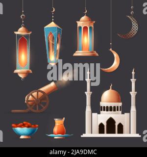Ramadan realistic set of isolated icons with mosque building hanging lanterns moons food drinks and cannon vector illustration Stock Vector