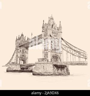 Tower Bridge in London across the River Thames. Pencil sketch on a beige background. Stock Vector