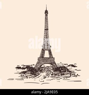 The Eiffel Tower in the center of Paris, a recognizable architectural landmark. Simple pencil hand sketch on a beige background. Stock Vector