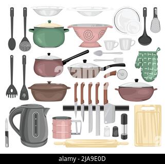 Kitchen color set of isolated icons with frying pans cooking pots cutlery and various kitchenware images vector illustration Stock Vector