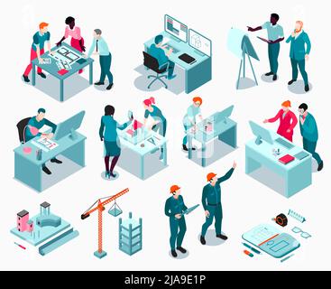 Architect creating project concept designing buildings with 3d computer software visiting construction site isometric set vector illustration Stock Vector