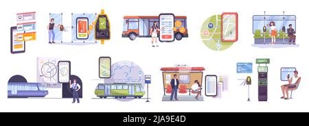 People using mobile transport app to buy tickets pay fare select route check schedule flat set isolated vector illustration Stock Vector