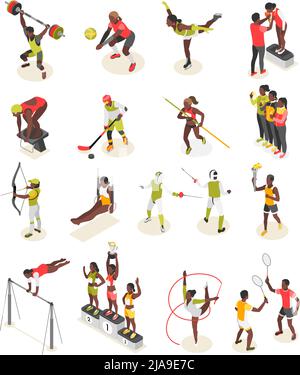International sportday isometric recolor set of isolated human characters of athletes performing with sport equipment vector illustration Stock Vector