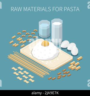 Macaroni pasta production square isometric composition with raw materials for pasta description vector illustration Stock Vector