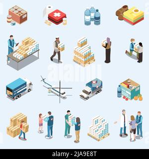 Humanitarian aid isometric set of volunteers and vehicles delivering food clothes and medicine for basic needs to refugees and survivors in war vector Stock Vector