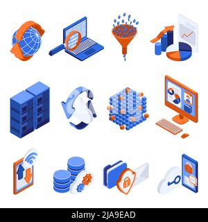 Big data analysis processing isometric icons set with network cloud and graphic analysis symbols isolated vector illustration Stock Vector