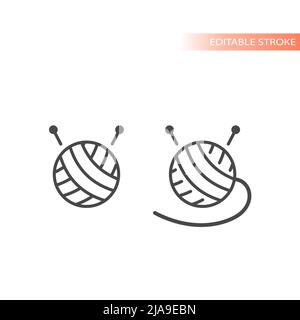 Yarn ball with knitting needles line vector icon. Outlined, editable stroke. Stock Vector