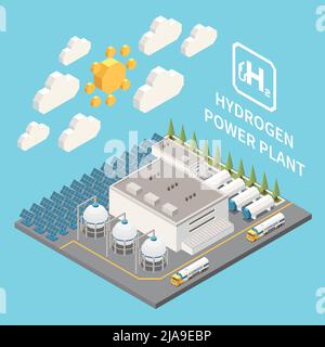Green hydrogen power generation plant facility exterior electrolysis cylinders pipeline building solar panels isometric view vector illustration Stock Vector