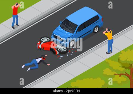 Traffic accident isometric composition with crash between car and motorcycle injured motorcyclist on road bystanders vector illustration Stock Vector