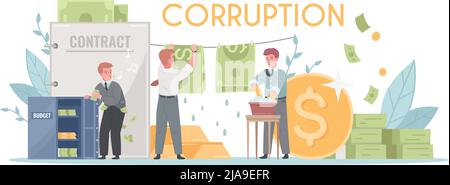 Corruption money laundering symbols business deals contracts with bribes illegal unauthorized budget use cartoon composition vector illustration Stock Vector