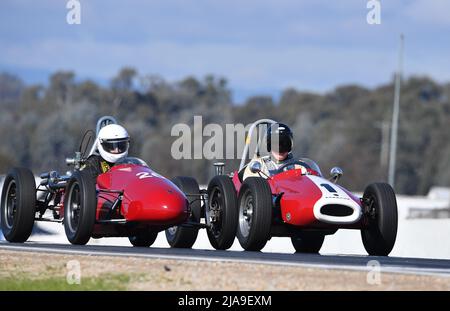 Winton, Australia. 29 May, 2022. Brian Simpson's1955 Cooper Jap Mk9 (left) goes wheel to wheel with New South Welshman David Reid's 1959 Cooper Porsche during the Coad Memorial Trophy race. Historic Winton is Australia's largest and most popular all-historic motor race meeting. Credit: Karl Phillipson/Optikal/Alamy Live News Stock Photo