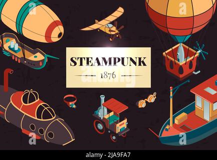 Steampunk horizontal vector illustration with zeppelin ship submarine air balloon cartoon icons in retro style Stock Vector