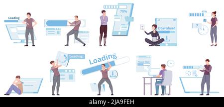 Loading set of flat isolated icons with human characters holding gadgets and windows with progress bars vector illustration Stock Vector